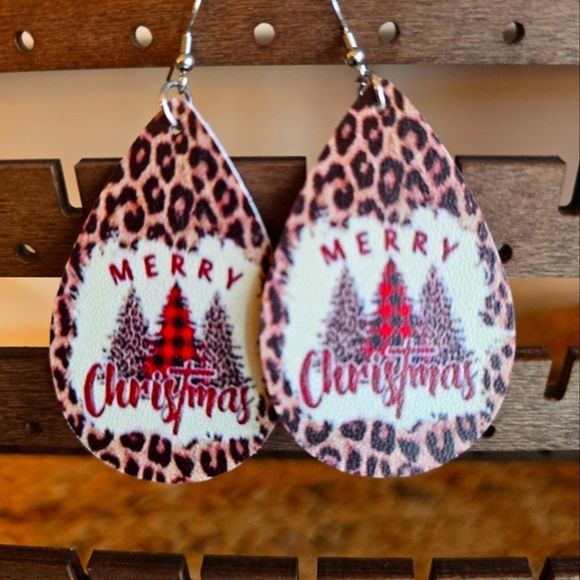 Vegan Leather Christmas Tree Earrings - Picture 1 of 4